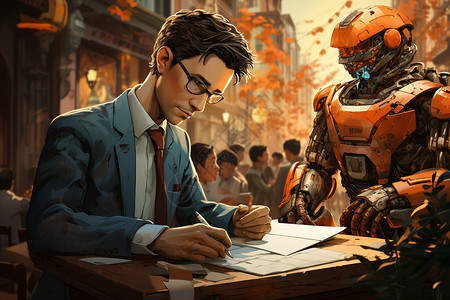 艺术签名城市中的机器人艺术助手插画
