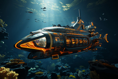 潜水器潜艇近距离凝视海洋插画