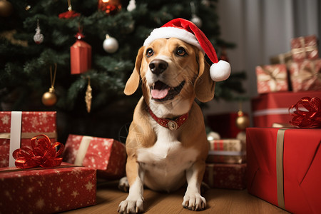 一只戴着圣诞帽的狗图片