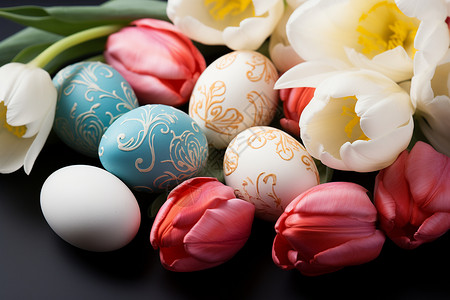 水仙花圆框画染色彩蛋和鲜花设计图片