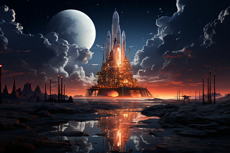 未来的太空火箭返回基地背景图片