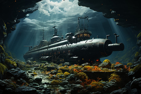 乘坐潜艇去深海现代海洋探险的潜艇插画