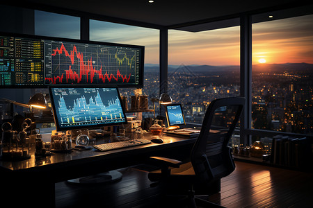 考勤证城市傍晚室内大屏幕的股票走势图背景
