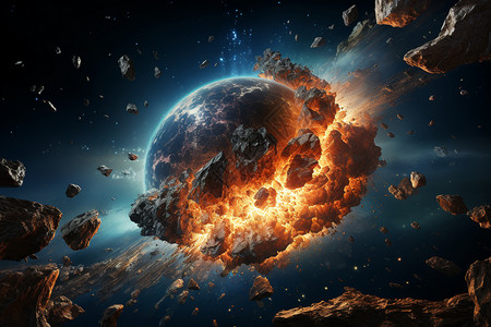 行星撞击太空中的巨大石块和碎片插画