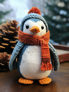 戴着围巾企鹅编织的毛线企鹅背景