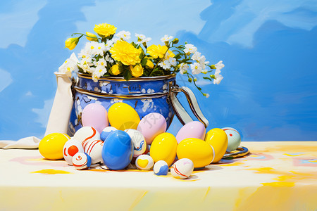 水仙花圆框画复活节彩蛋和黄花设计图片