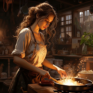 厨房里火厨房里做饭的女孩插画