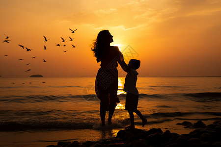 沙滩度假的孩子母子海滩快乐时光背景