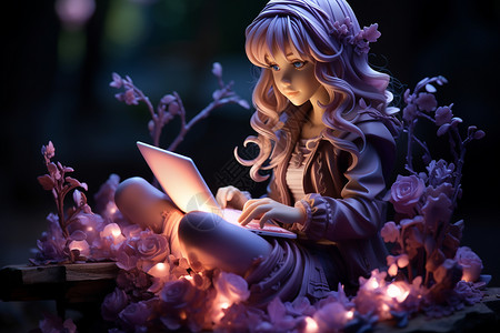 花园里雕像少女在花园里专注地坐在长椅上，手里拿着笔记本电脑。设计图片