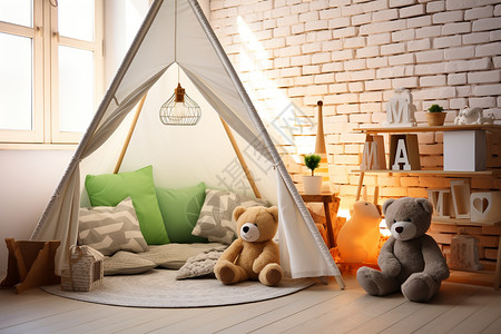 温馨小屋素材房间里的泰迪熊与帐篷背景