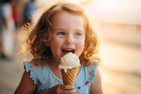 冰激凌蛋筒吃冰激凌的可爱女孩背景