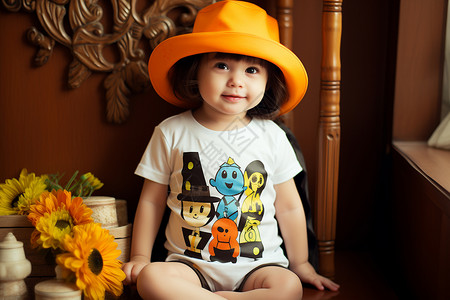 橙色T恤戴着橙色帽子的小女孩背景