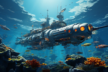 船舶工程在海洋中浮动的潜艇插画