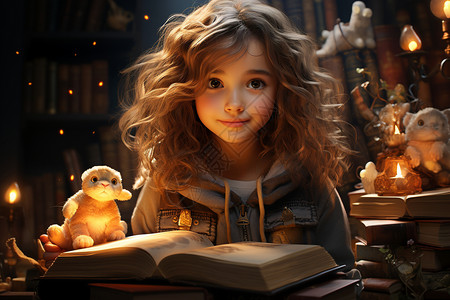 书蜡烛女孩沉浸在书中世界插画