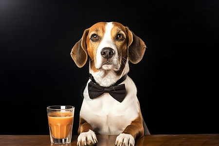 宠物咖啡打领结的狗狗喝咖啡背景