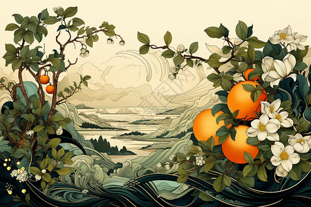 酸橙花橙子和橙花插画