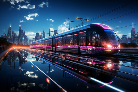 夜幕下穿越城市的电气化铁路背景图片