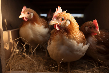 三只鸡在鸡舍中图片