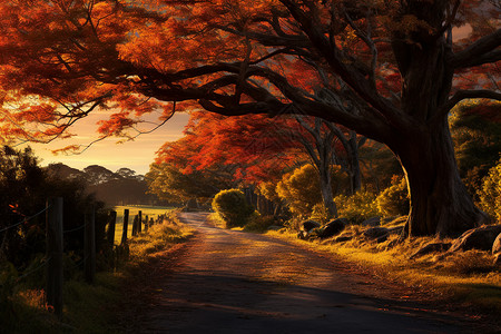 秋日余晖下的树木与草坪图片