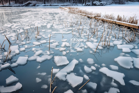 乡村冰冻的芦苇塘景观背景图片