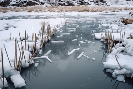 冰冻融化的芦苇塘景观图片