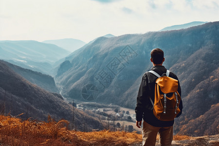 山间风景中的背包客图片