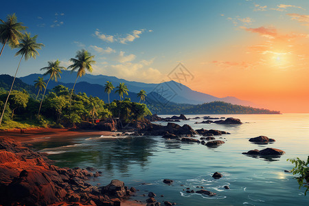 旭日照耀下的热带海岸图片