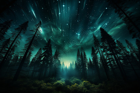 神秘的北极光在夜空中照亮了森林背景图片