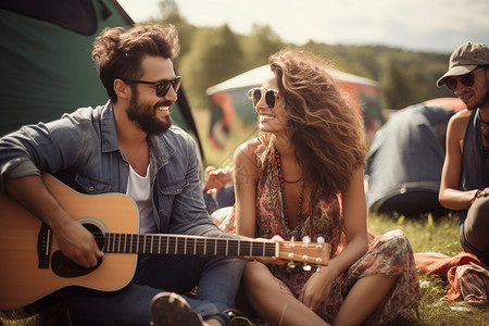 草地上弹吉他唱歌的情侣图片
