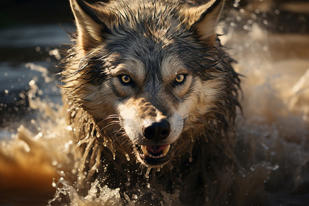 狼奔跑在水中高清图片