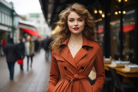 街头穿红色风衣的女士背景图片