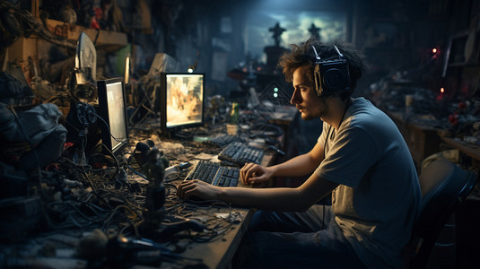 椅子旁玩电脑玩电脑游戏的男人背景
