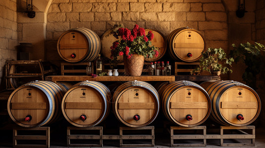 橡木桶储存的葡萄酒背景图片