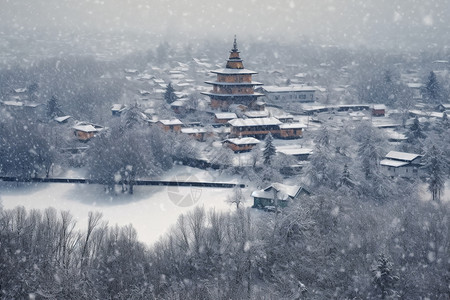 白雪皑皑的村庄景观图片