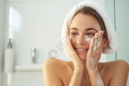 浴室中清洁皮肤的年轻女子图片