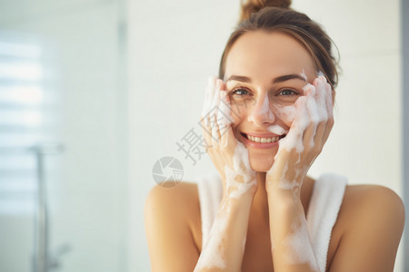 清洁浴室清洁面部皮肤的外国女子背景