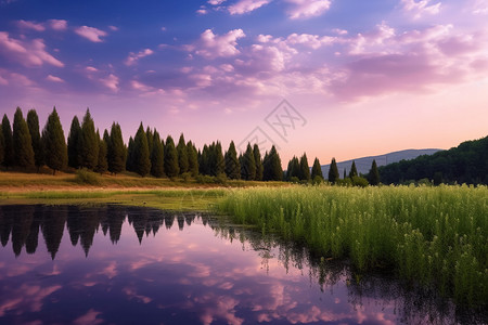 森林中紫色天空的美丽景观图片