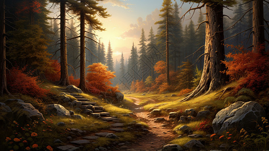 阳光下的森林秋景图片