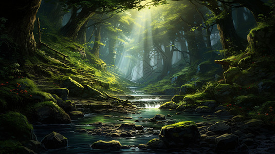 阳光透过树荫洒在溪流里图片