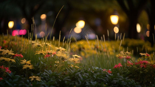 城市绿化带夜幕下的花草背景