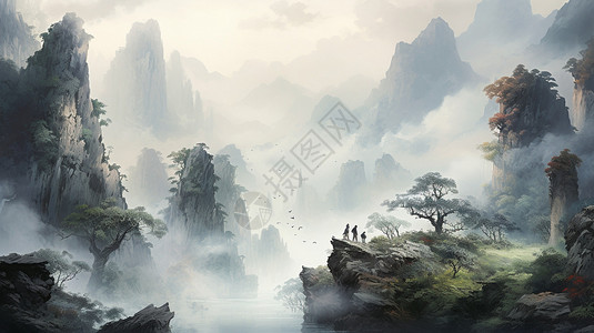 浓云高山上的游客背景图片