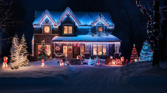 雪人和房子夜幕下圣诞装饰的房子背景