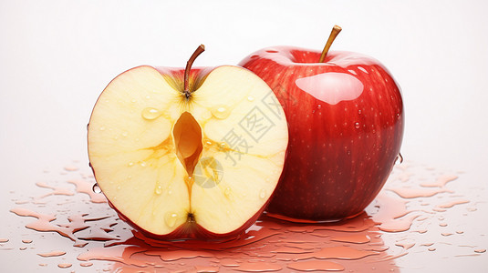 带叶子红苹果切开的苹果插画