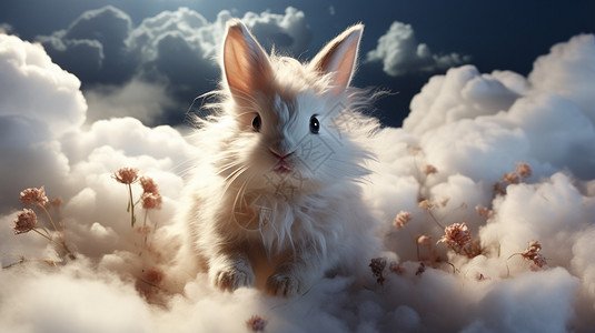 小兔子坐在白云中图片