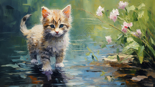 鲜花旁的小猫背景图片