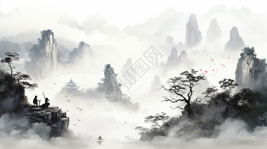 中国地形山崖上劳作的人插画