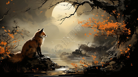 狐狸蹲在河边岩石上高清图片