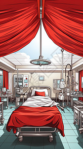 红色帷幕下的病床背景图片