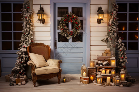 耸立大松树大门上的圣诞装饰背景