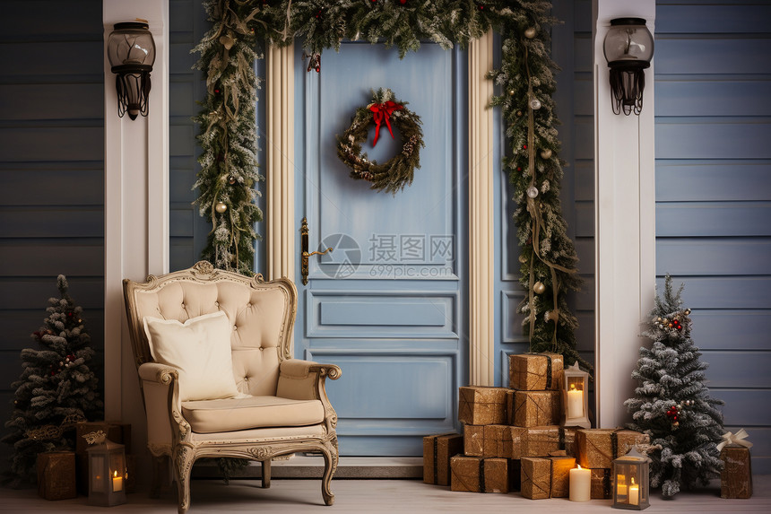 住宅门口的圣诞装饰图片